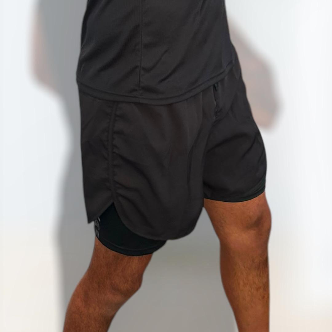 mens black 2n1 shorts, mens black training shorts, shorts for martial arts, MMA shorts black, compression shorts men, black compression shorts for no Gi- wear, black gym shorts for men no pockets