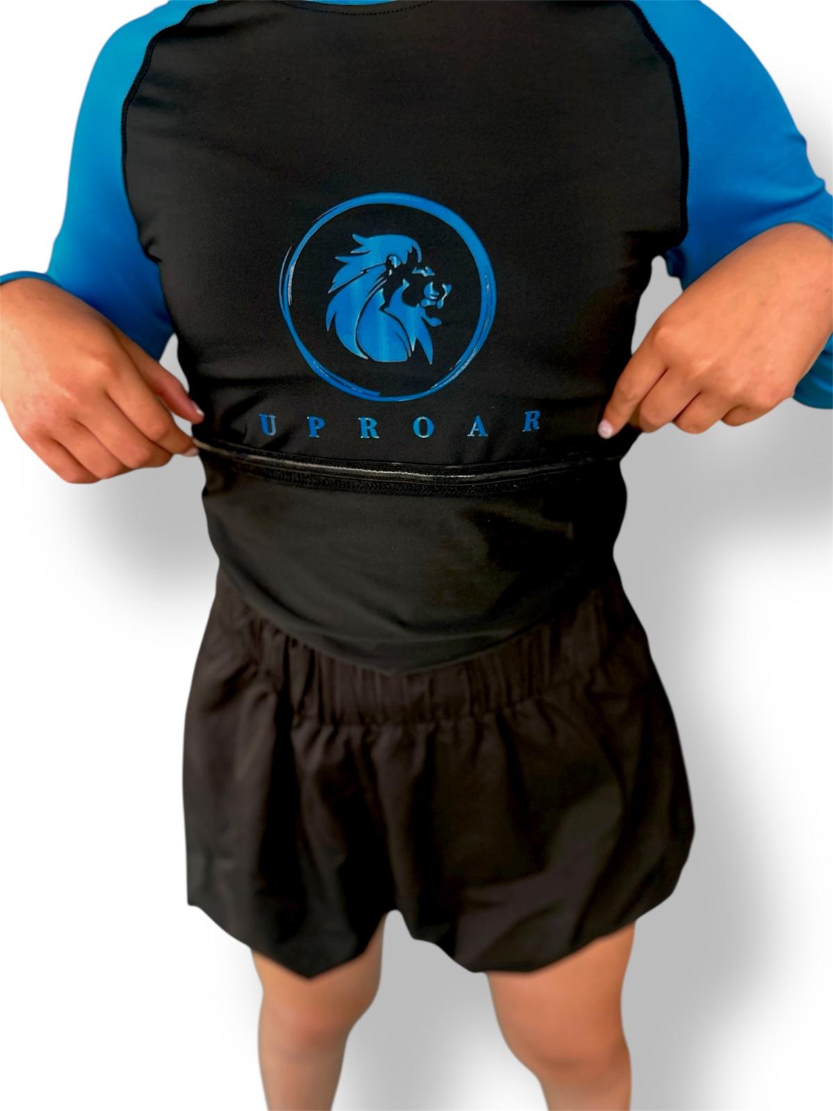 non-slip rashie, kids bjj gear, long sleeve rashie with silicone hem, blue sleeve rashguard, rashguard for rolling, kids rashie with blue sleeve, no roll-up rashie