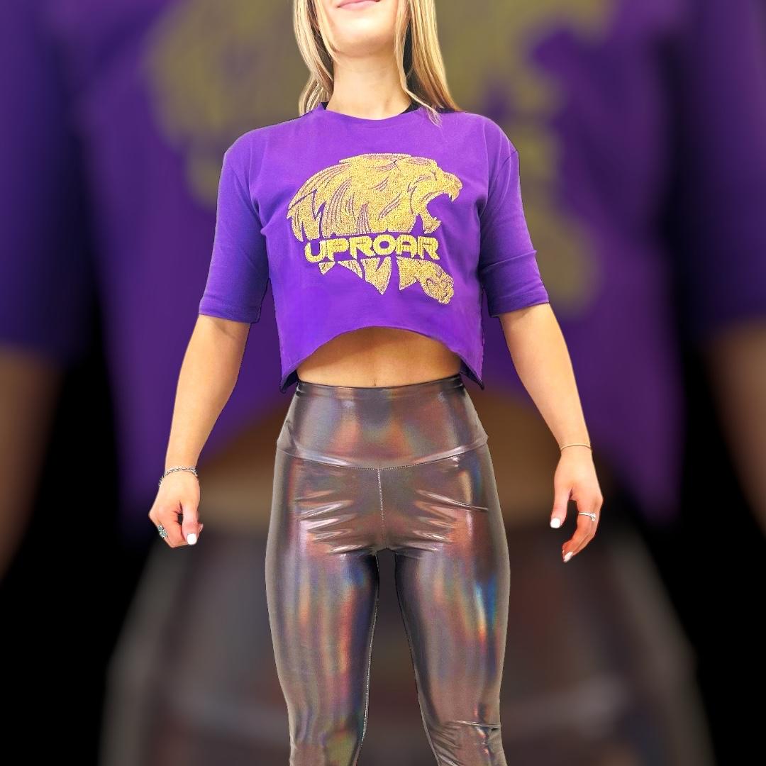 Purple Crop top in boxy fit made from soft sustainable cotton the most stylish top to wear for every occasion that will make a statement with gold embroidered logo on the front show stopping new active and fitness wear