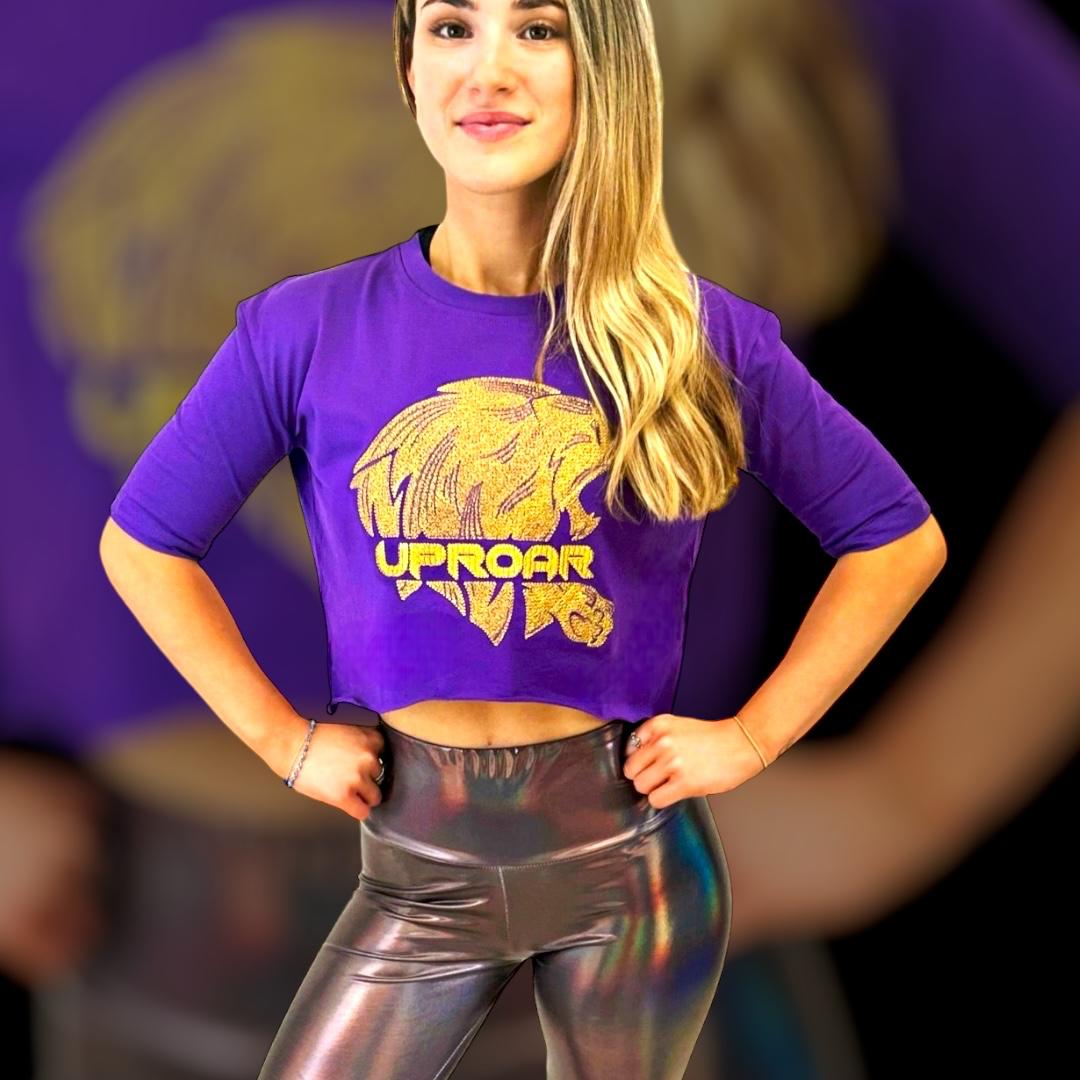 Purple Crop top in boxy fit made from soft sustainable cotton the most stylish top to wear for every occasion that will make a statement with gold embroidered logo on the front show stopping new active and fitness wear