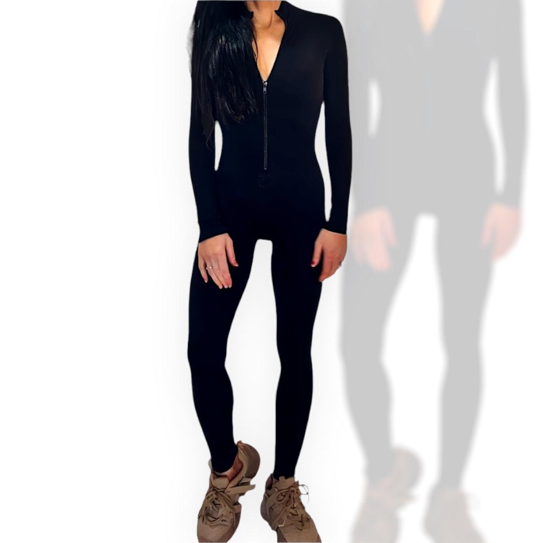 Womens one-piece bodysuit with full length arms and legs in a durable material that shapes and slims the body to perfection in all black with UPROAR logo down the leg in contrasting white