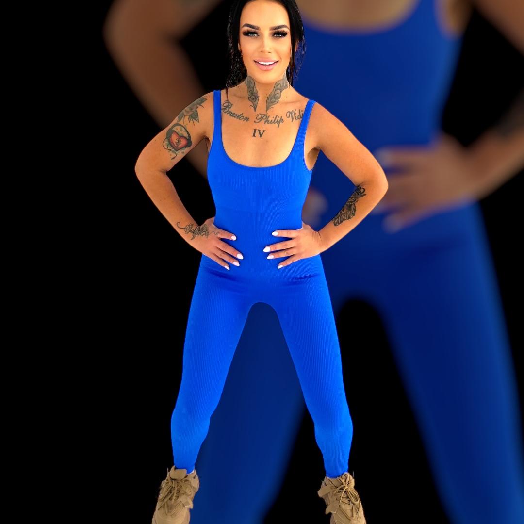 Ribbed Bodysuit for perfect body shaping, full leg, tank top ELECTRIC BLUE anti-cellulite material back view