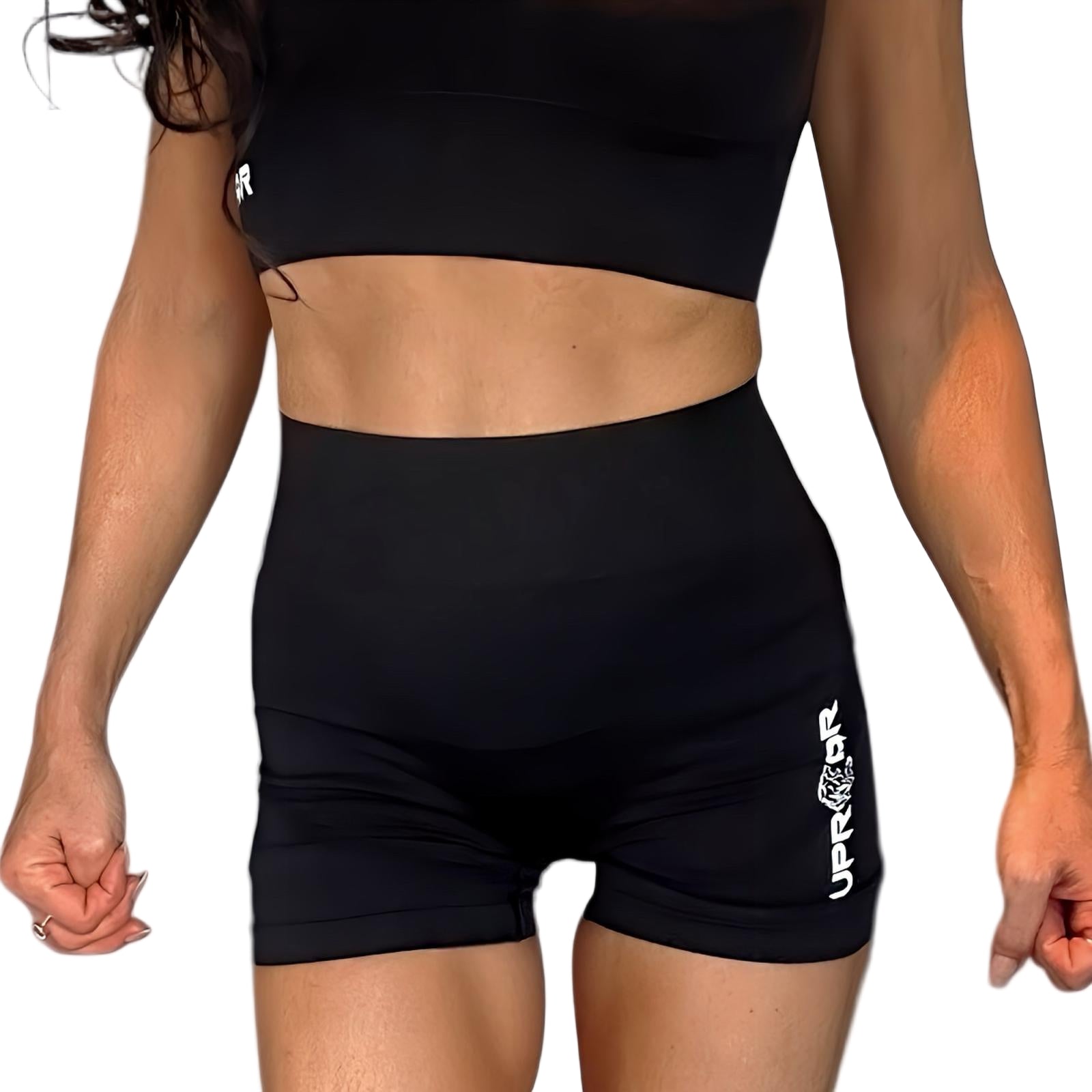 Black ribbed biker shorts for women, high waist for core support, compression fit, contrasting white logo, squat proof and camel toe proof, seamless, durable material