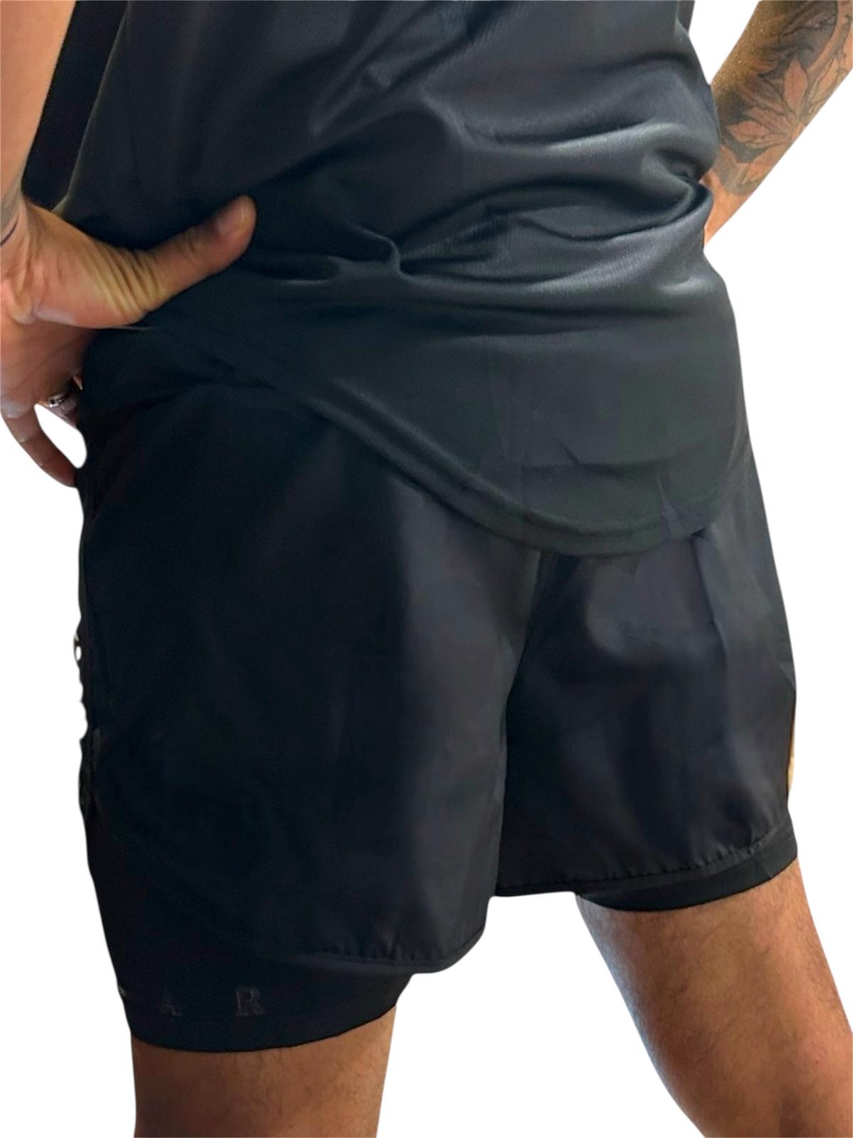 black shorts with underlayer in black, training shorts with no pockets or zips, drawstring waist black training shorts, 2n1 shorts for training