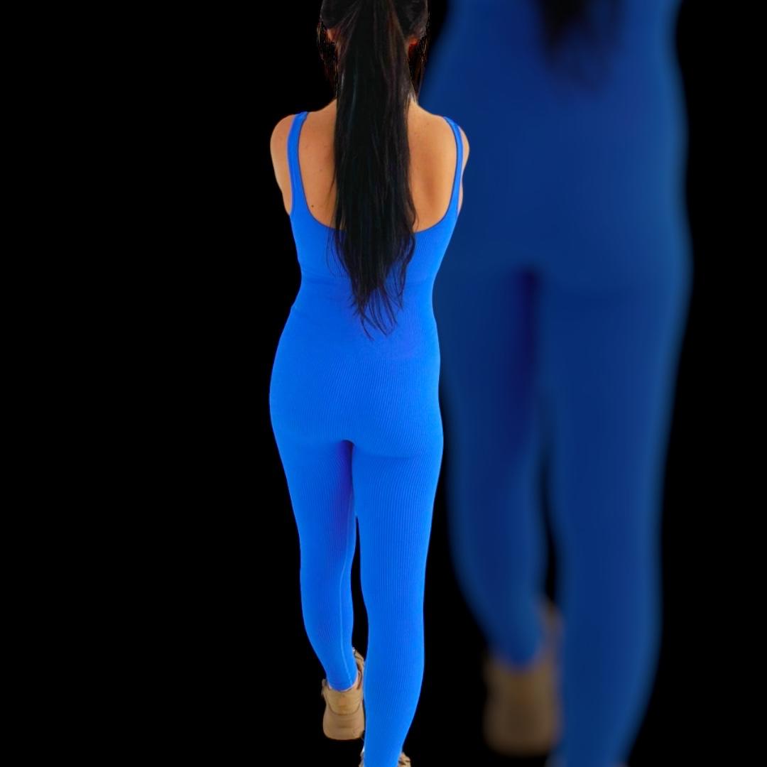 Ribbed Bodysuit for perfect body shaping, full leg, tank top ELECTRIC BLUE anti-cellulite material back view