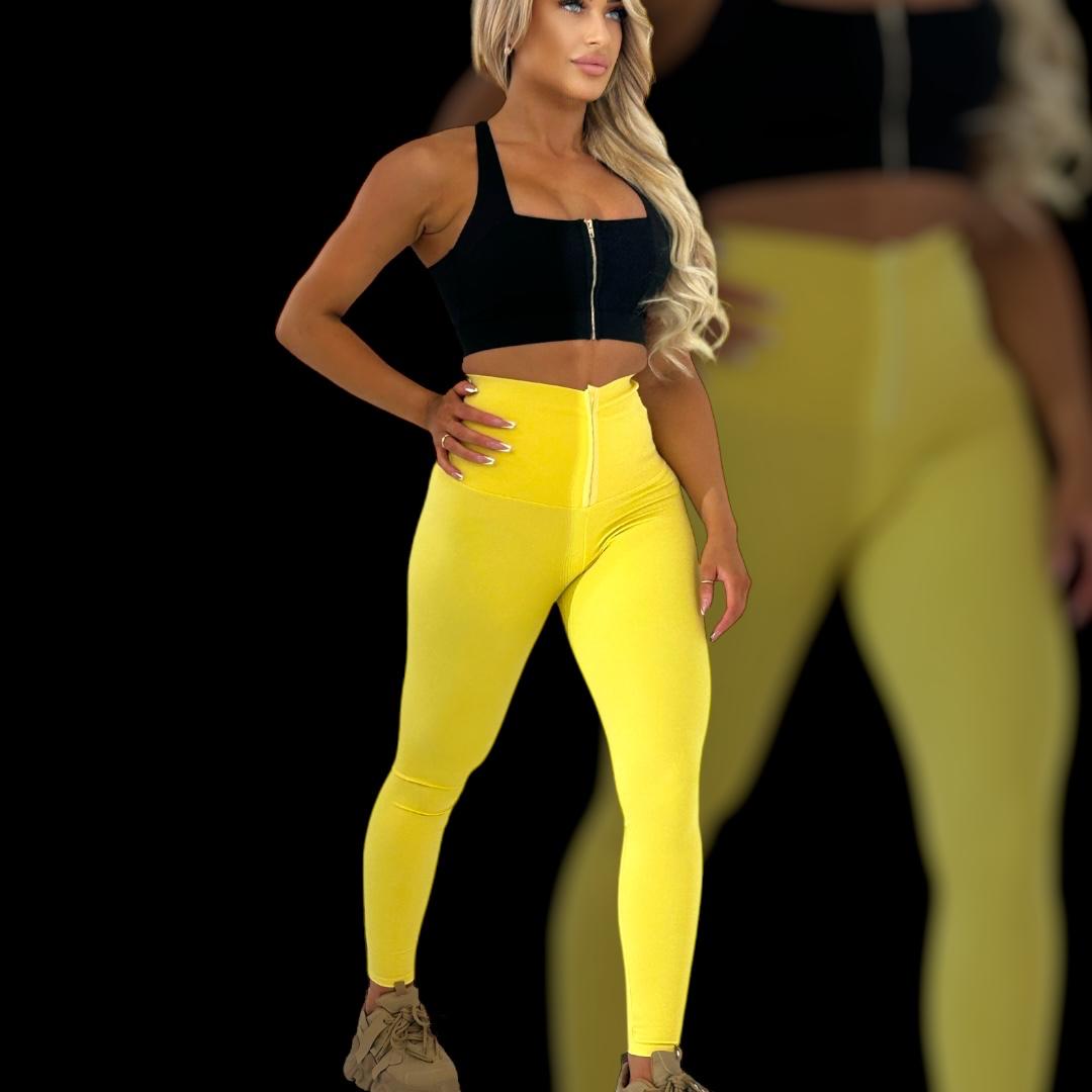 Corset Legging Lemon, Yellow Leggings, Yellow Corset Leggings, Yelllow Tights, black cross back crop bra