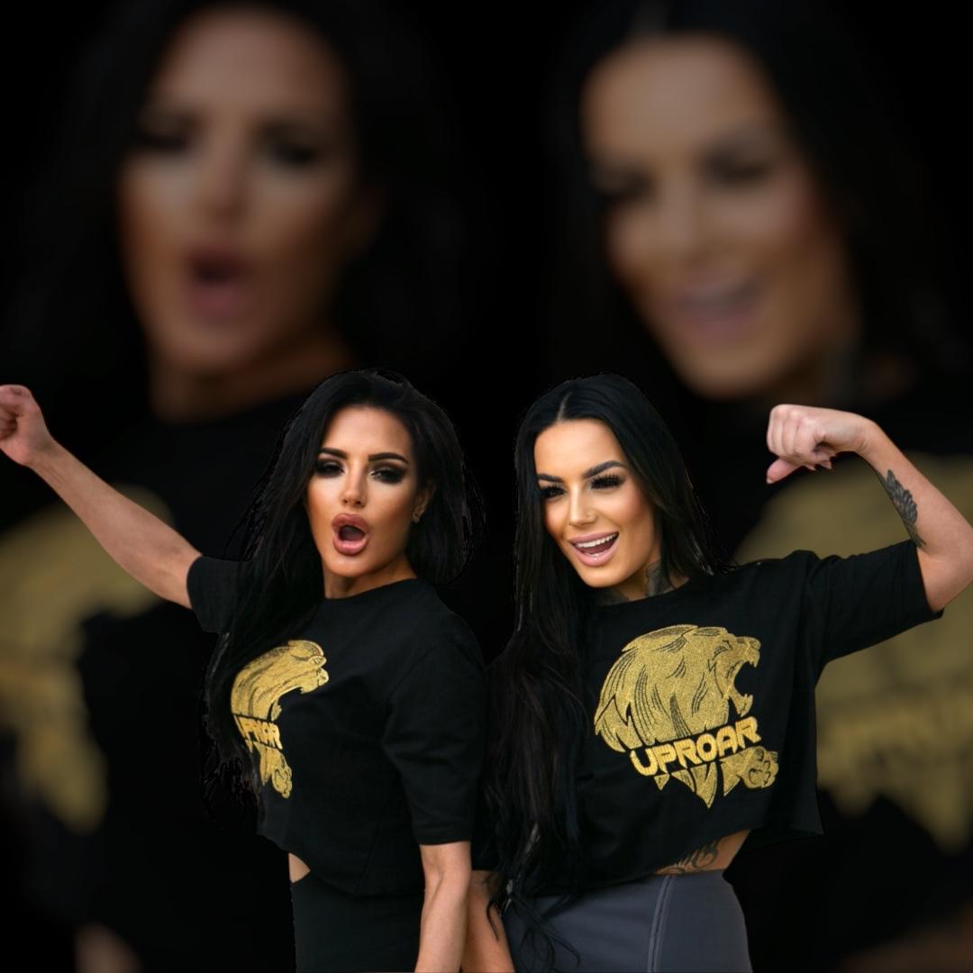 Black Crop top in boxy fit made from soft sustainable cotton the most stylish top to wear for every occasion that will make a statement with gold embroidered logo on the front for empowering women new active and gym wear for every strong female