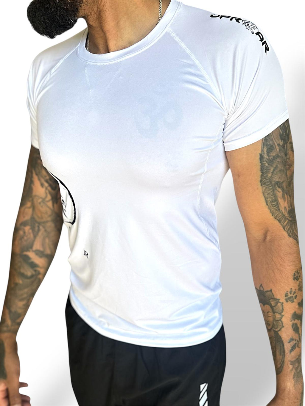 white underlayer compression top, compression wear men, white training top compression, short sleeve compression top, short sleeve gym shirts