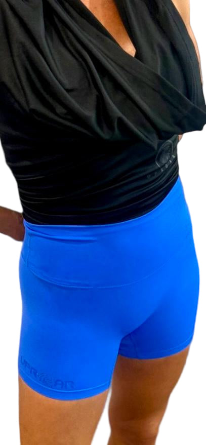 blue shorts, women's blue biker shorts, tight short shorts, bright blue womens biker shorts, blue training shorts womens
