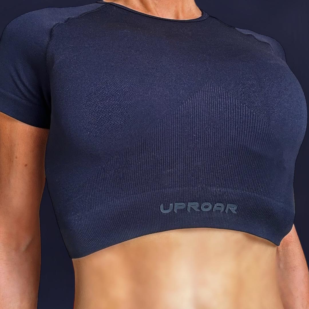 Ribbed crop top for women with short sleeves. Semi compression, colour black with uproar logo