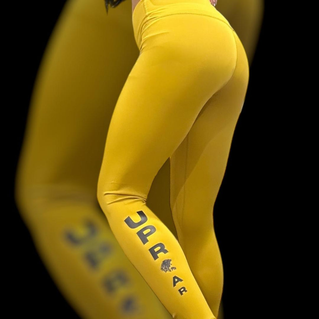 yellow leggings, womens bjj wear, mustard coloured leggings, 1 of a kind leggings, fightwear for women