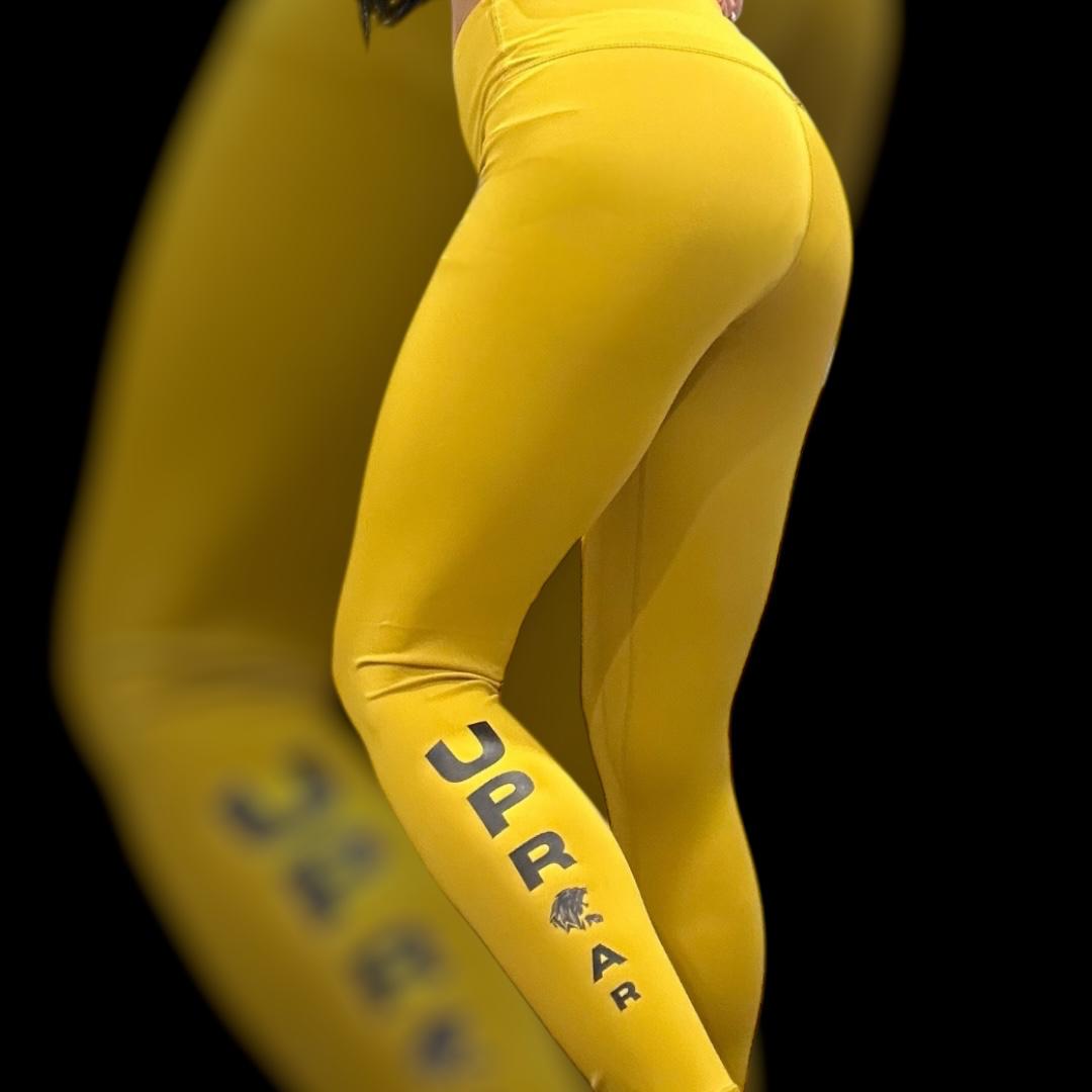 yellow leggings, womens bjj wear, mustard coloured leggings, 1 of a kind leggings, fightwear for women