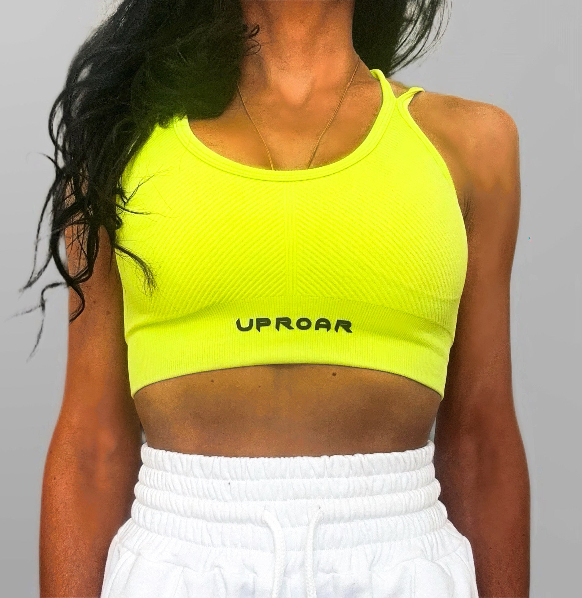 ribbed sports bra bright colours for running and intense workout, fluro green and yellow