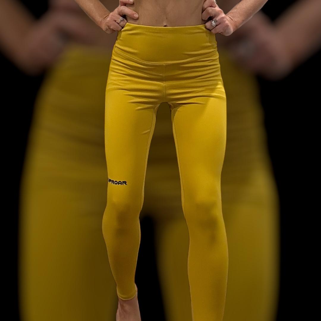 yellow leggings, womens bjj wear, mustard coloured leggings, 1 of a kind leggings, fightwear for women